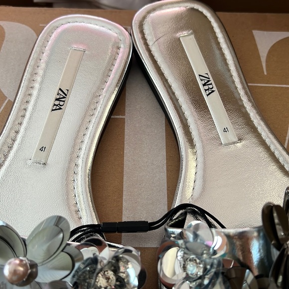 Zara Metallic Floral Appliqué Square Toe Sandals - Picture 11 of 11